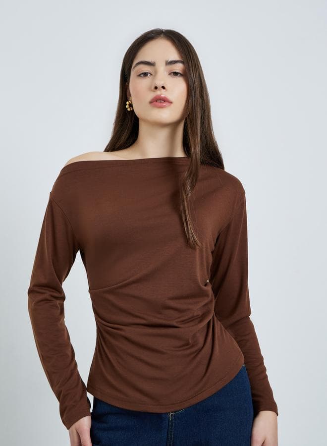 Brown Asymmetric Neck Knit Top