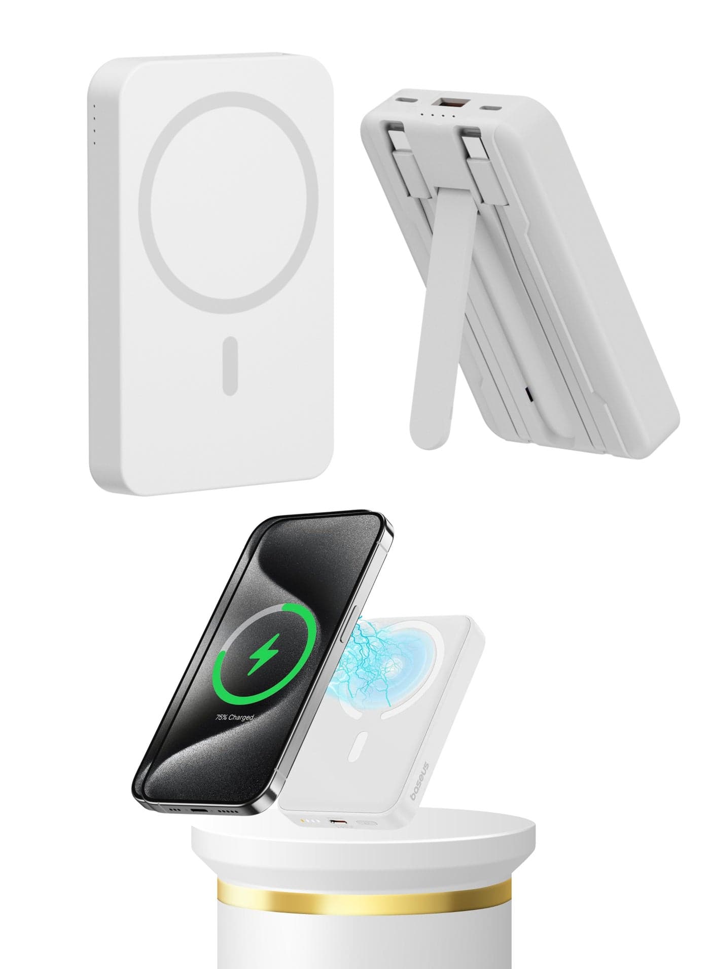 MagSafe 10000mAh Power Bank – 22.5W PD Fast Charging & 15W Wireless Charger, Built-in Type-C & Lightning Cables, Dual Type-C + USB Ports, Foldable Stand, Flight Approved, Temperature & Overvoltage Protection, Pocket Size – Compatible with iPhone 15/14/13/12 Series & Top Smartphones | White
