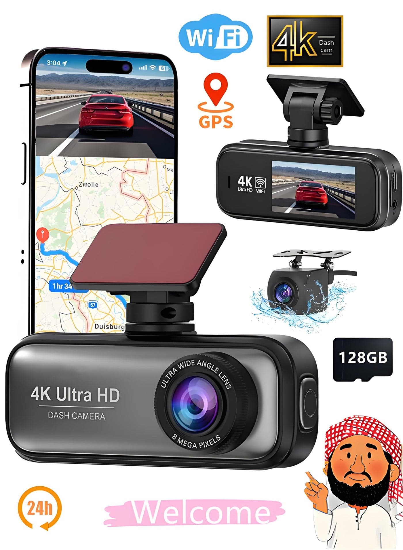 4K Dash Cam For Car 3840*2160P Dual Lens Support 1080P Rear Camera,G-Sensor, Loop Recording,WIFI GPS 24H Parking Monitoring,Night Vision,With 128GB SD Card