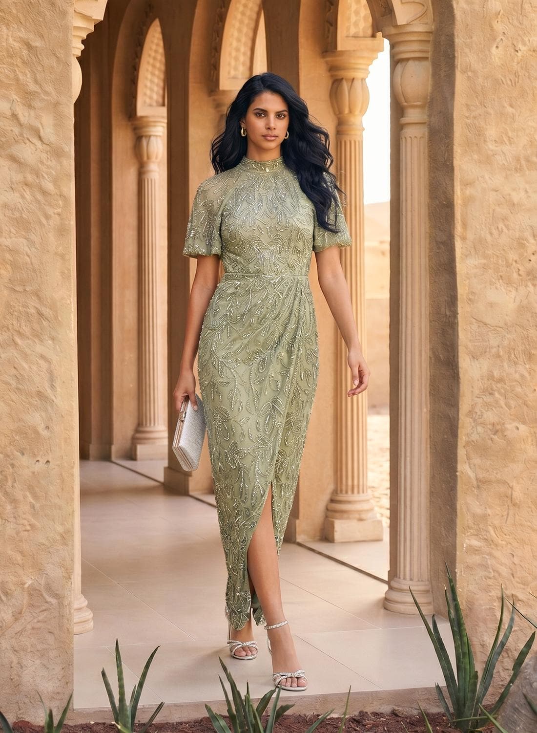 Embellished Flare Sleeve Maxi Dress