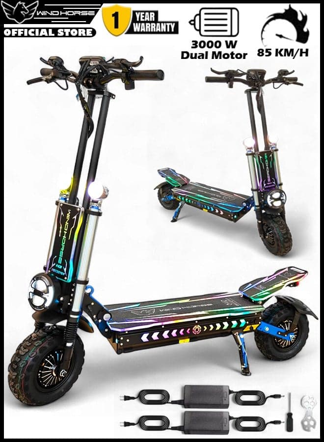 H3 Powerful Electric Scooter 3000W Dual Motor – 60V 40Ah Battery, 85 KM/H Max Speed, 120 KM Range – 13 Inches Tires, Hydraulic Brakes, Dual Suspension, 3 LED Headlights, Strong Steel Frame, Full Body RGB Lights