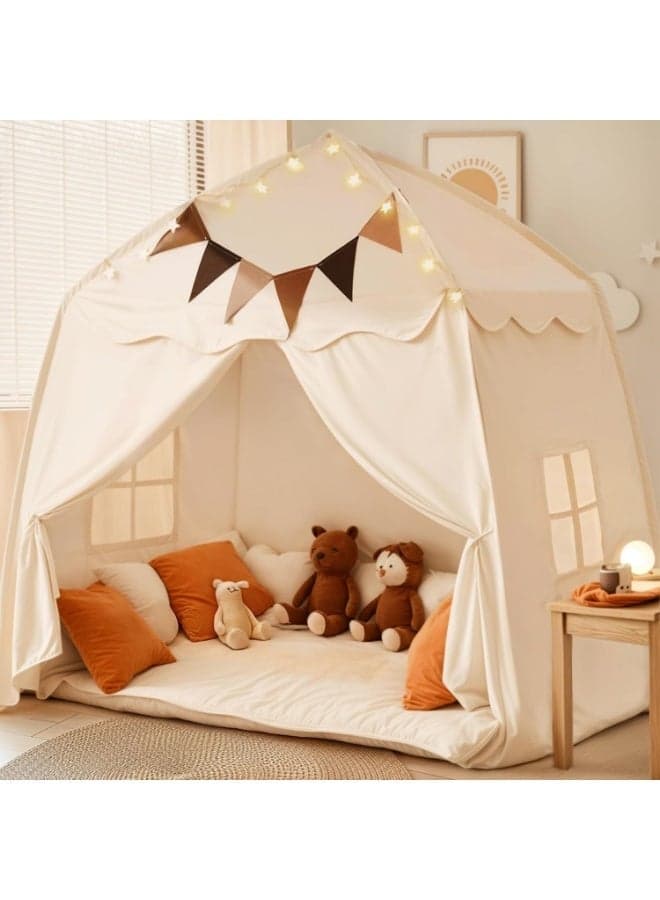 Large Kids Play Tent with Mat, Flags & Star Lights, Indoor Outdoor Dome Playhouse, Portable Bed Canopy for Boys & Girls, Kids Foldable Teepee, Size 59" x 39" x 59"