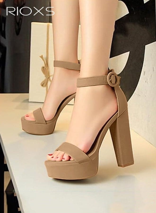 Women's Platform Heeled Sandals,13cm Block Heels Sandals for Women, Classic Ankle Strap Open-toe High Heeled Shoes, 4.5cm Waterproof Platform Sandal, Summer Dress Shoes for Ladies, Woman Comfot Platform Heel Sandals, Fashion Wedding Party Dressy Sandals Shoes, Womens Strappy Chunky Pumps, Khaki Footwear
