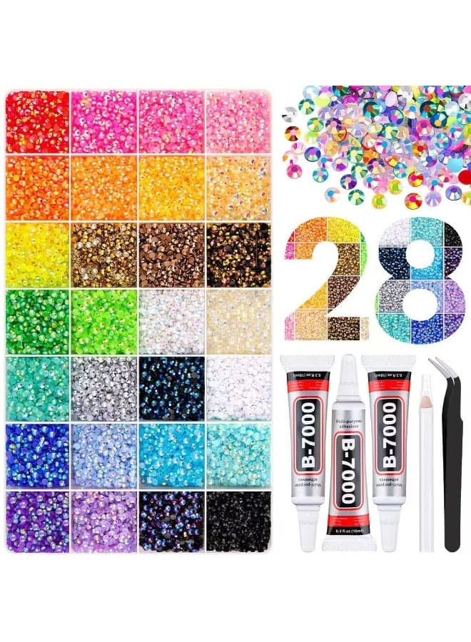 32000Pcs Resin Rhinestones 3mm 28Colors for Bedazzling Glitter Kit DIY, Multicolor Jelly Crystal Diamond with 3Pcs 10ml B7000 Jewelry Glue for Bedazzled Nail Art Supplies Decoration