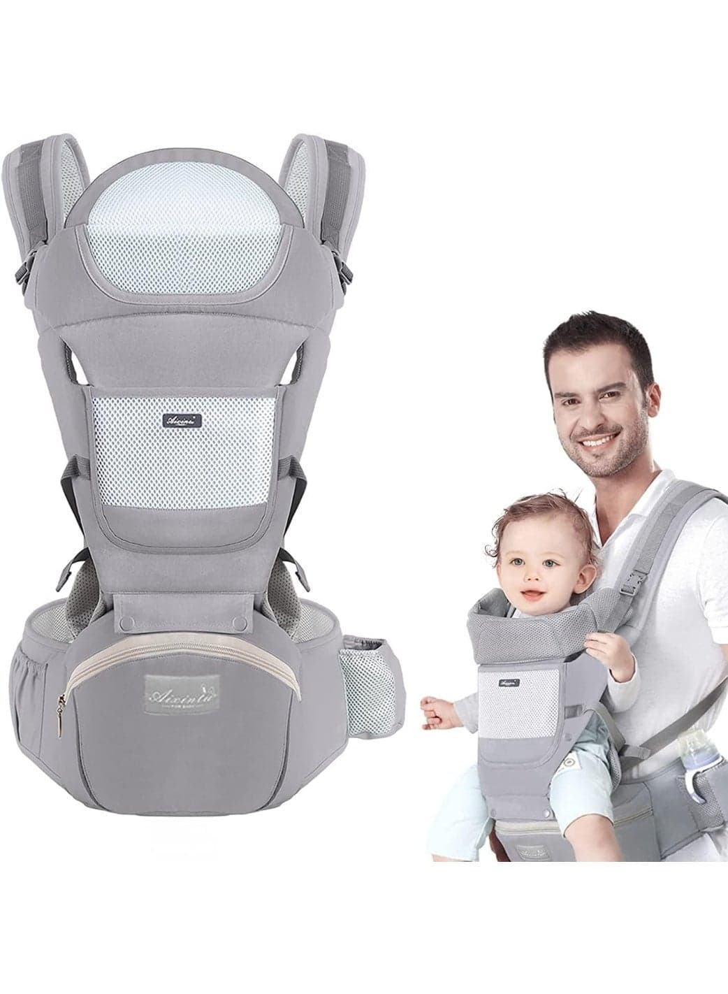 MostNow Baby Carrier with Hip Seat,Ergonomic M Position 6in1 Baby Carrier Newborn to Toddler,Head Support and Breathable Mesh Newborn Carrier,Adjustable Baby Holder Carrier for Dad&Mom (Grey)