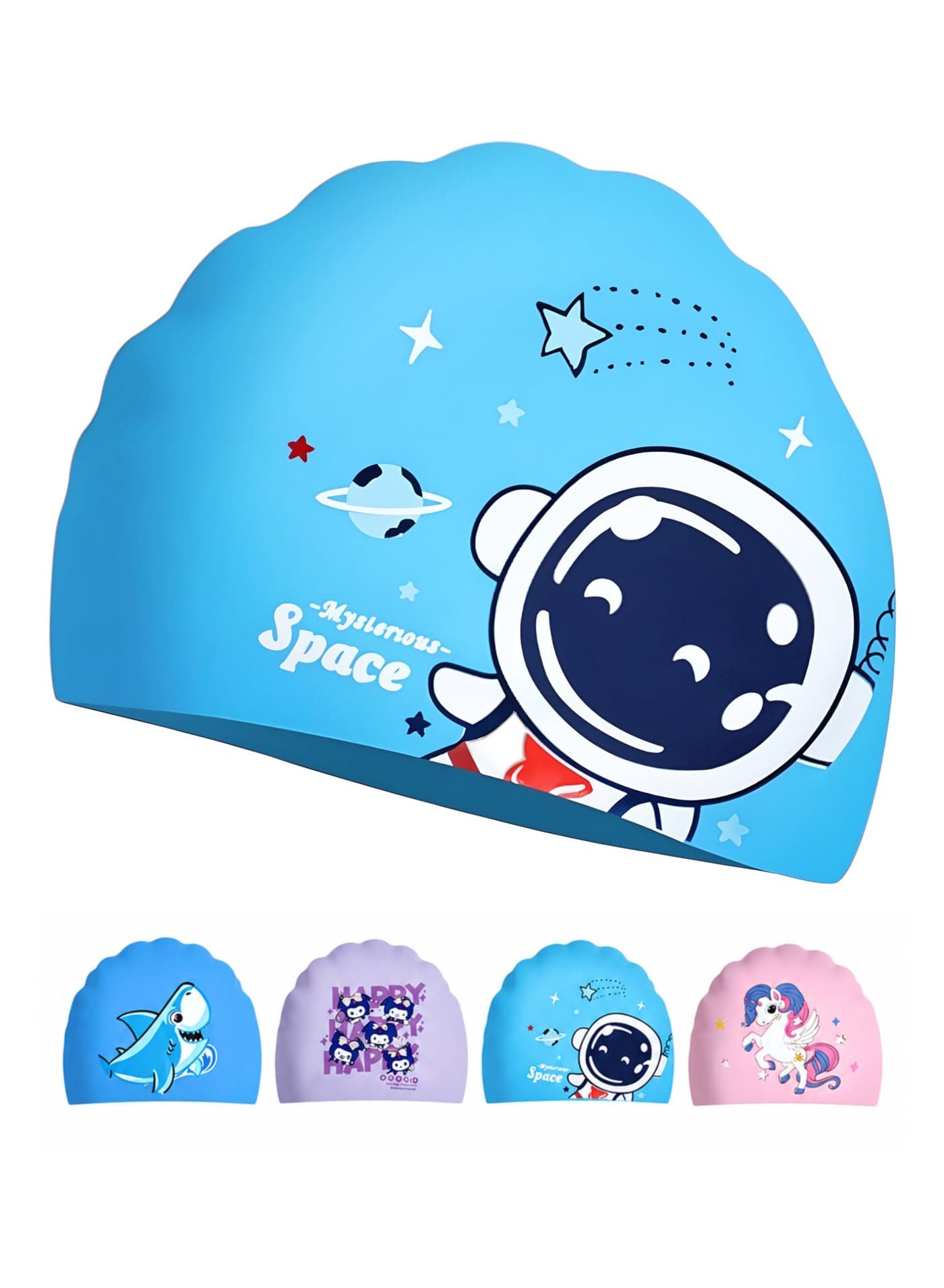 Blue Astronaut Swimming Cap for Boys - Waterproof Silicone Swim Cap Kids 3-12 Years - Cute Space Cartoon Comfortable Fit
