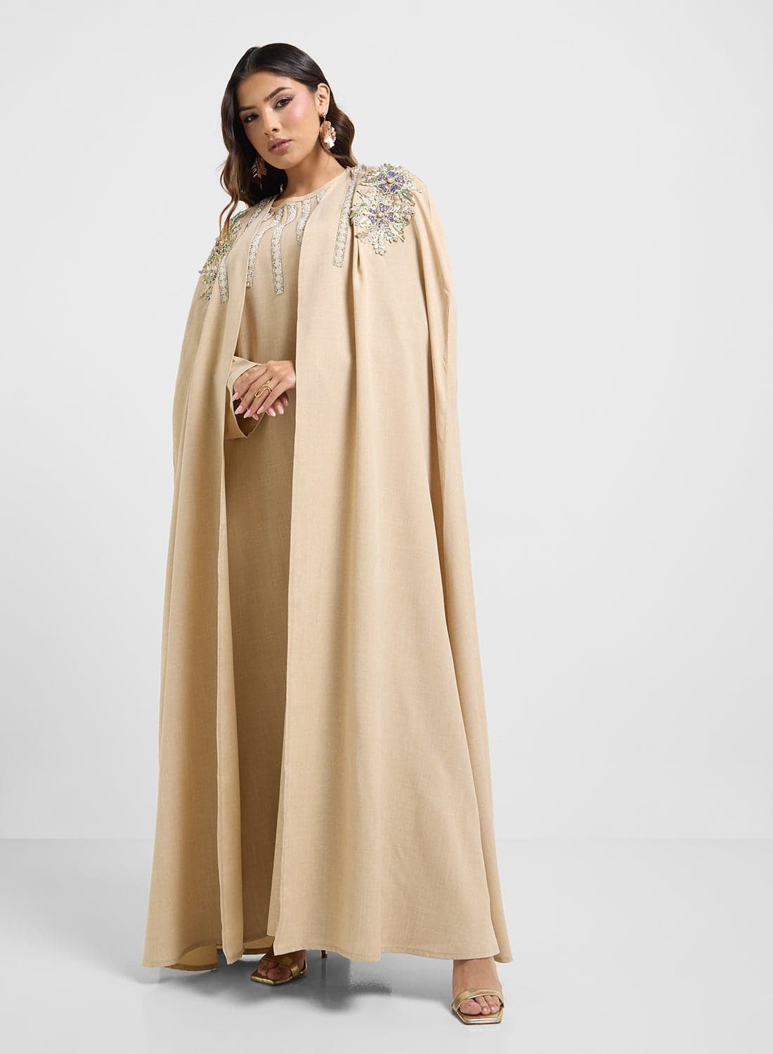 Embroidered Neck Cape Sleeve Dress