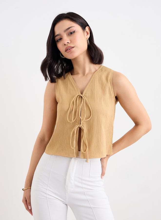 Tie-Up Front Textured Crop Top