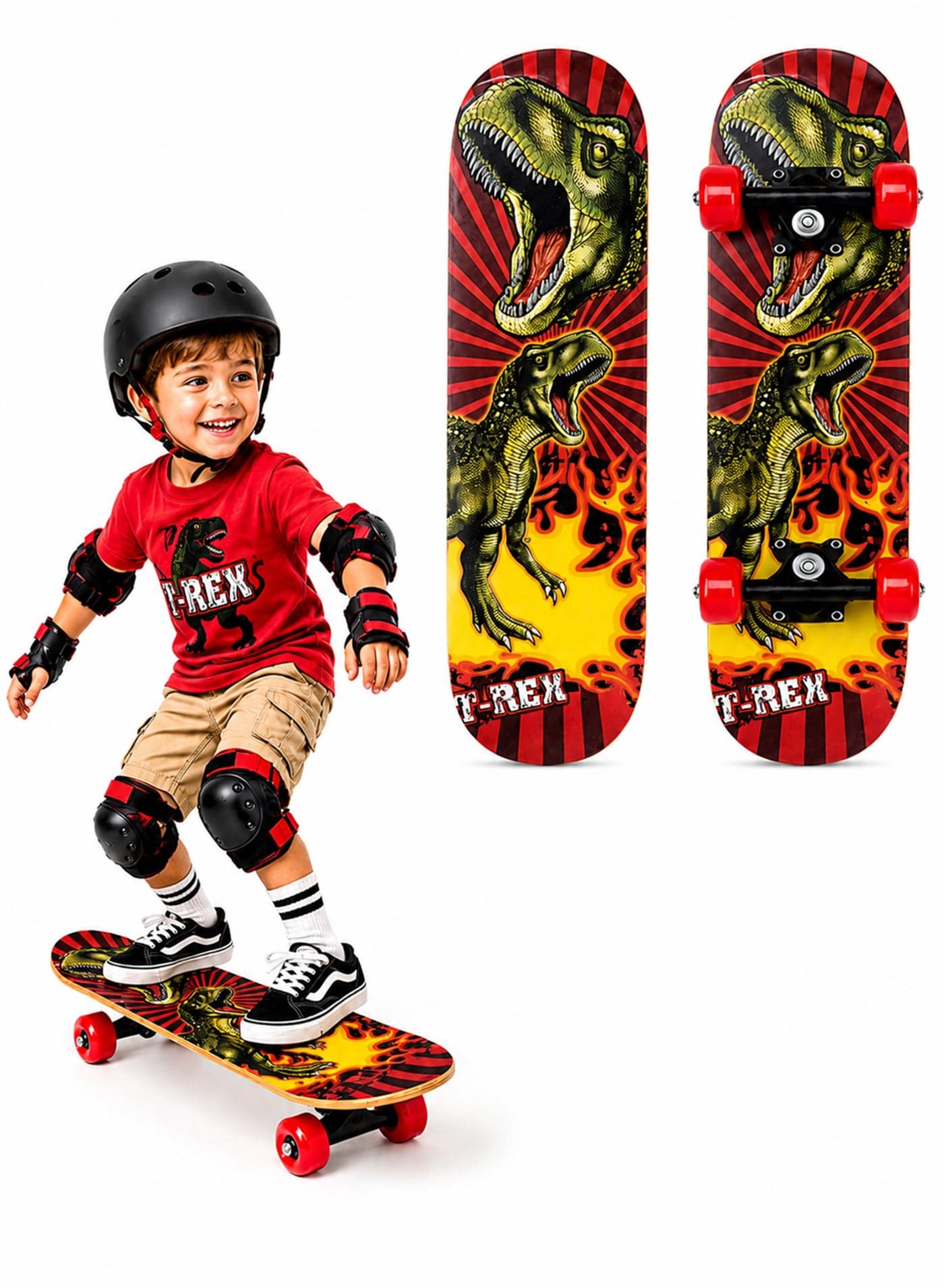 Kids Complete Skateboard T-Rex Dinosaur Graphic 42.5cm 7-Ply Maple Deck With Heavy-Duty Aluminum Trucks PU Wheels