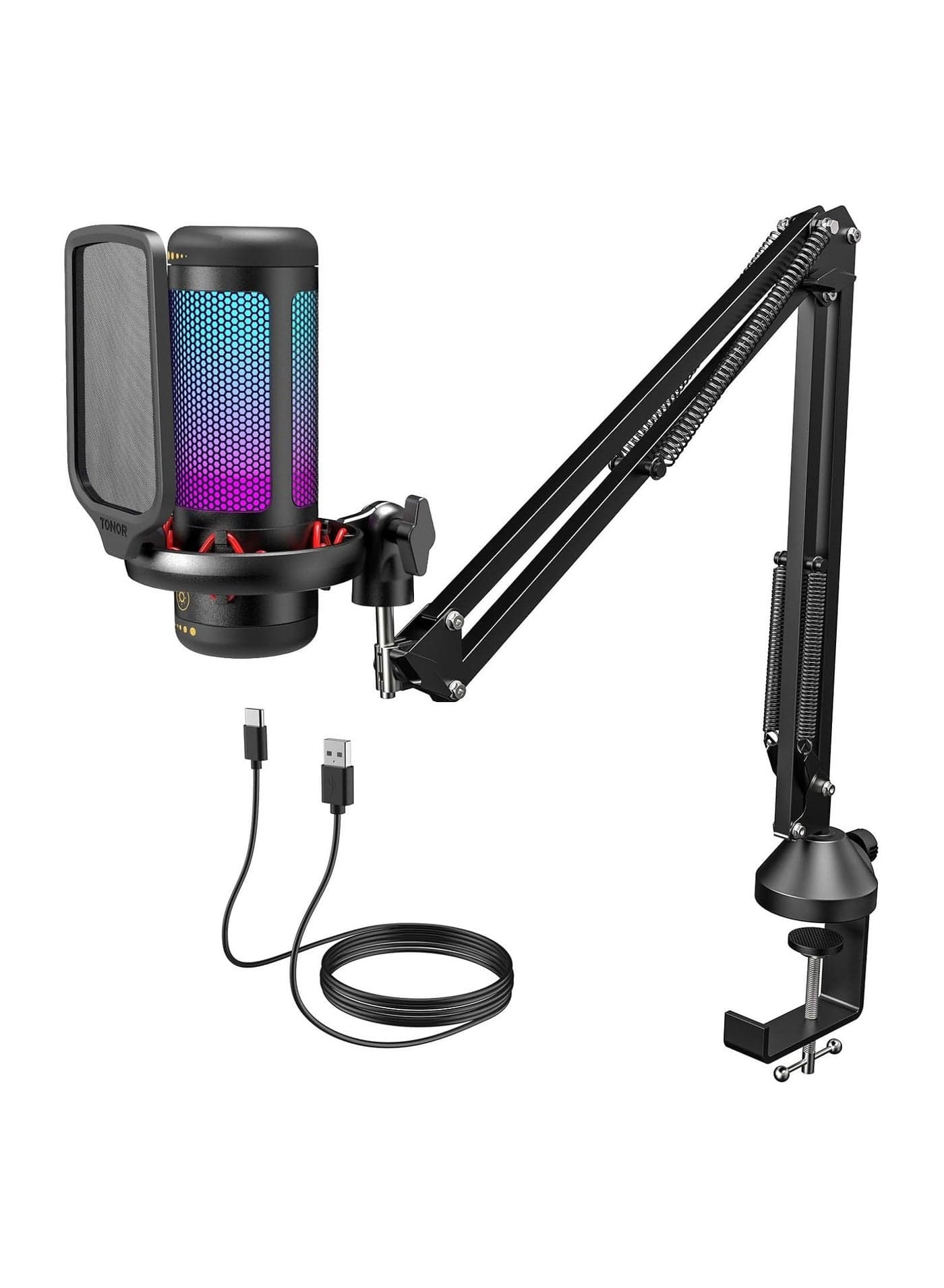 Micro PC Gaming RGB, USB Microphone Condenser Professional Mic With Arm Support For Streaming, Recording, YouTube Discord Gaming, Voice-Over For Computer Laptop Mac TC310+