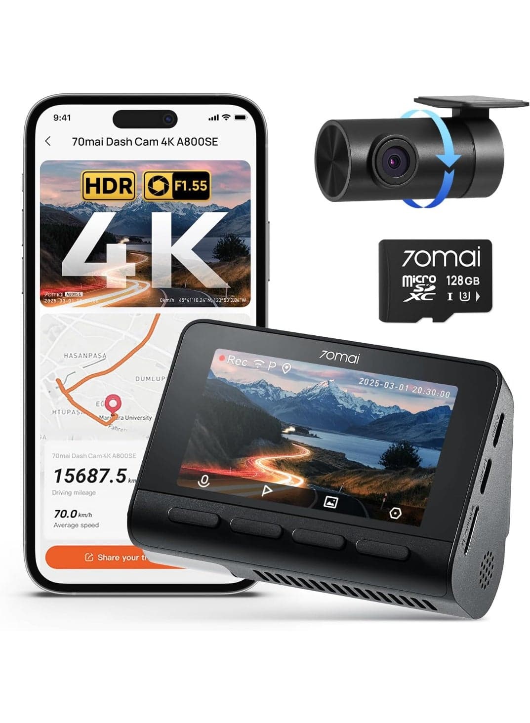 A800SE Dashcam Car Front Rear 4K UHD + 1080P with GPS WiFi, Dual Car Camera Including 128GB SD Card, F1.55 Aperture HDR, 24/7 Parking Monitoring, Night Vision, ADAS, 3 Inch IPS, Up to 512GB Max