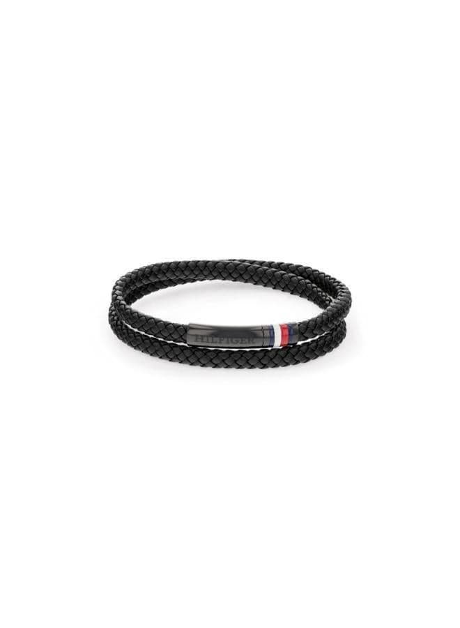 Mens Bracelet With Double-Wrap Braided Black Leather - 2790552