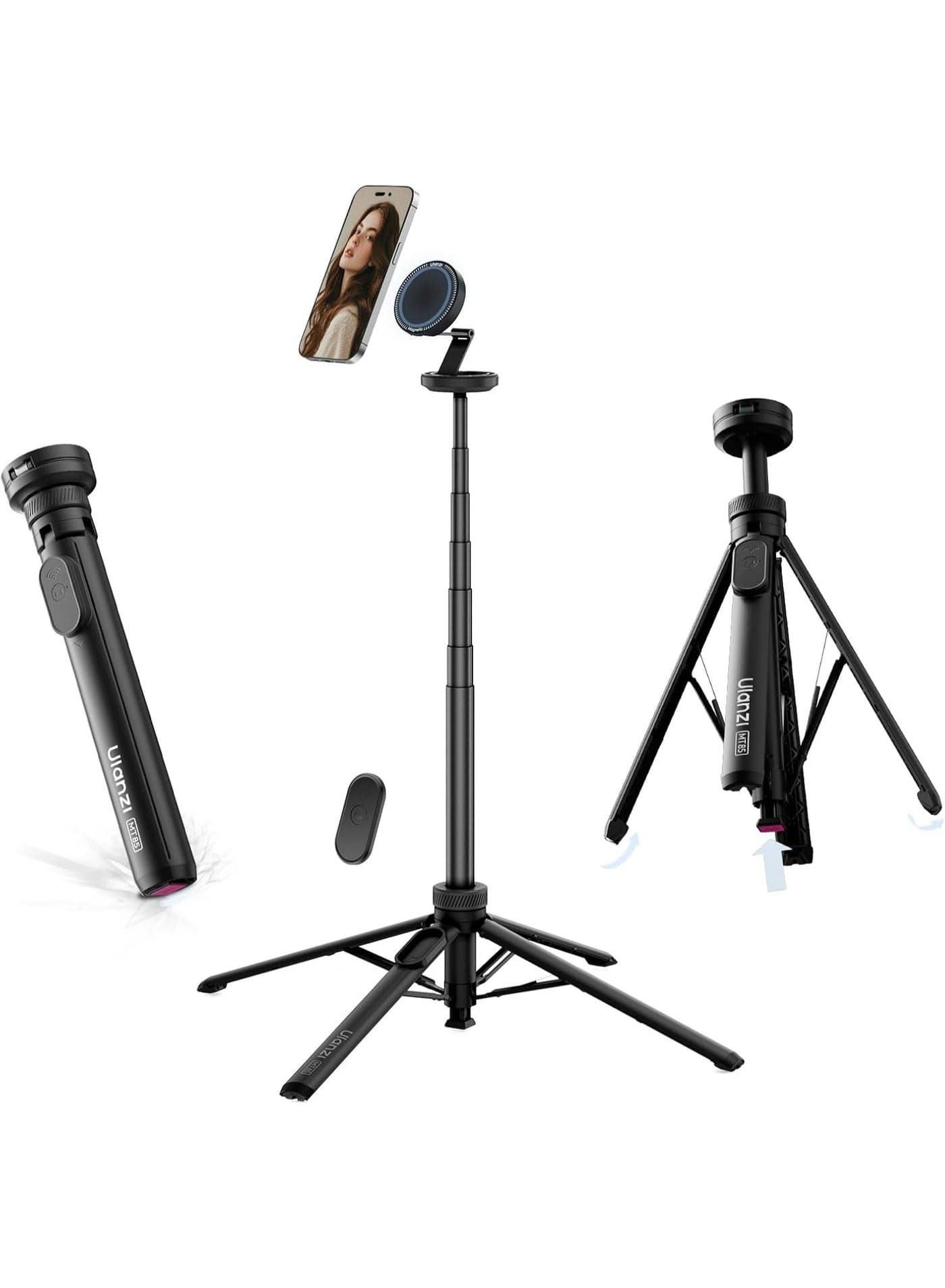 ULANZI Magnetic Phone Tripod, MT85 Auto Open Tripod with Enhanced 4-Leg, 60'' Selfie Stick Extendable Phone Stand, for Content Creation/Vlog, Compatible with iPhone 17/16/15/14/13/12 (Black)