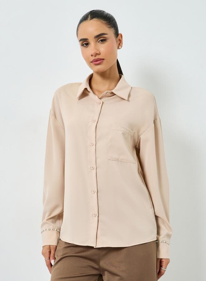 Beige Embellished Cuff Buttoned Shirt