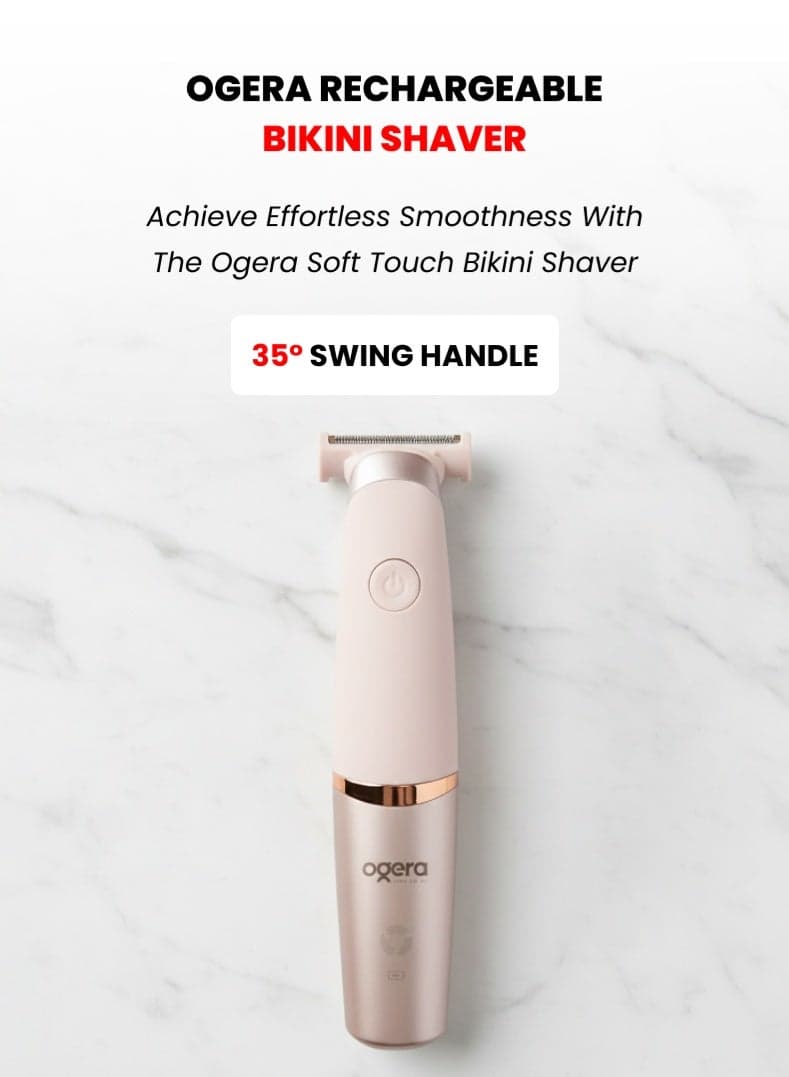 Soft Touch Bikini Shaver | Gentle Hair Removal for Sensitive Areas | 35° Swing Handle | T-Shaped Blade | One-Touch On/Off Switch | Smooth & Safe Shaving Experience | 2-Year Warranty | OG2600BT | Pink