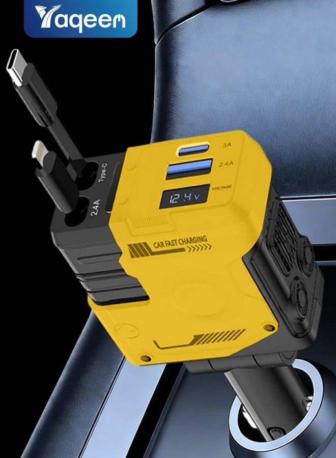 12v/24v Fast Car Charger With Retractable Cable - Dual Usb-C Pd Retractable Charging Cable Fast Car Power Adapter Pd20w For Iphone Type C 40w Car Bluetooth Usb Charger Plug With Iphone,Samsung,Galaxy,Huawei,Xiaomi | 4-In-1 Type C Fast Charging -Mecha Yellow