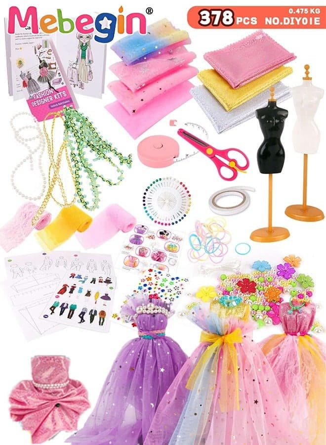 378 Pcs Fashion Designer Kits, DIY Arts Crafts Sewing Kit with 2 Reusable Mannequins and Accessories, Doll Clothes Craft Kits, Safe Creative Play for Girls, Imaginative Game, Suitable for All Levels of Inexperienced Skills, Fun Gift for Creative Girls