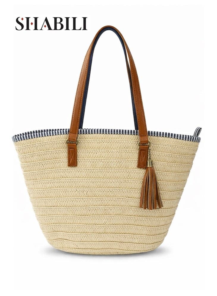 Ladies Beach Tote Bag, Woven Straw Shoulder Bag with PU Leather Handles, Large Capacity Storage Bag with Tassel for Shopping, Travel, and Vacations