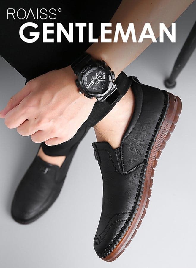 Men Leather Shoes, Low Top Slip on Shoes with Non Slip Sole, Stylish Casual Shoes for Men, Simple Classic Business Shoes, Suitable for Daily Wear, Business, Wedding and Outdoor Activities Black