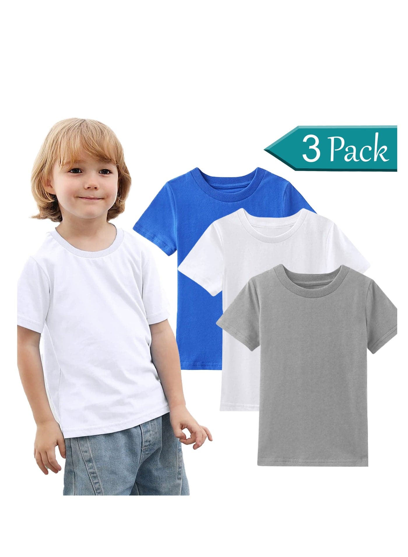 Boys Premium 100% Combed Cotton Plain Crew Neck 3 Pack Soft Breathable T-Shirts