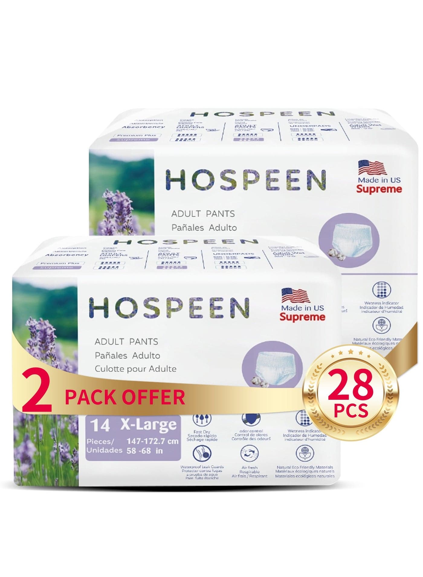Nateen Hospeen Supreme Incontinence Adult diaper pants for Women and Men,Adult Pull Ups Size XL, Period Pants for Women.Waist Size 147-172cm,28 Count Night adult pants diaper.