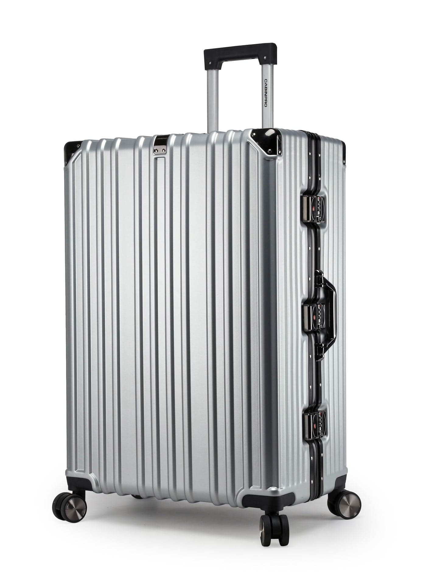 Lightweight Aluminum Frame Fashion Luggage Trolley Polycarbonate Hard Case Large Checked Luggage Suitcase with 4 Quite 360 Degree Double Spinner Wheels CP001 Silver