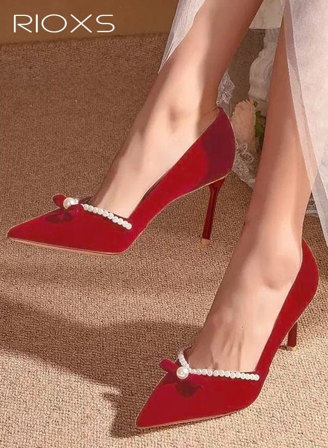 Women's Stiletto Heel Pointed Toe Pumps, 6cm Closed Toe Slip on Wedding Dress Shoes with Bow and Pearl, Elegant Dressy Wedding Pump Shoes for Party Homecoming Prom
