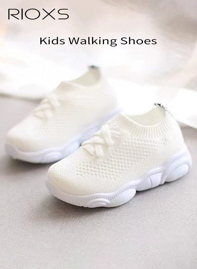 Toddler Baby Shoes, Breathable Mesh Sneakers for Little Kids, Baby Girls Boys Barefoot Shoes, Soft Comfy Pull-on Shoes, Lightweight Round Toe Walking Shoes, Casual Athletic Shoes for Boys Girls, Preschool Kids Tennis Shoes, Kindergarten Flexible Low Top Sneaker, Anti-slip Baby Sock Shoes, White Shoes