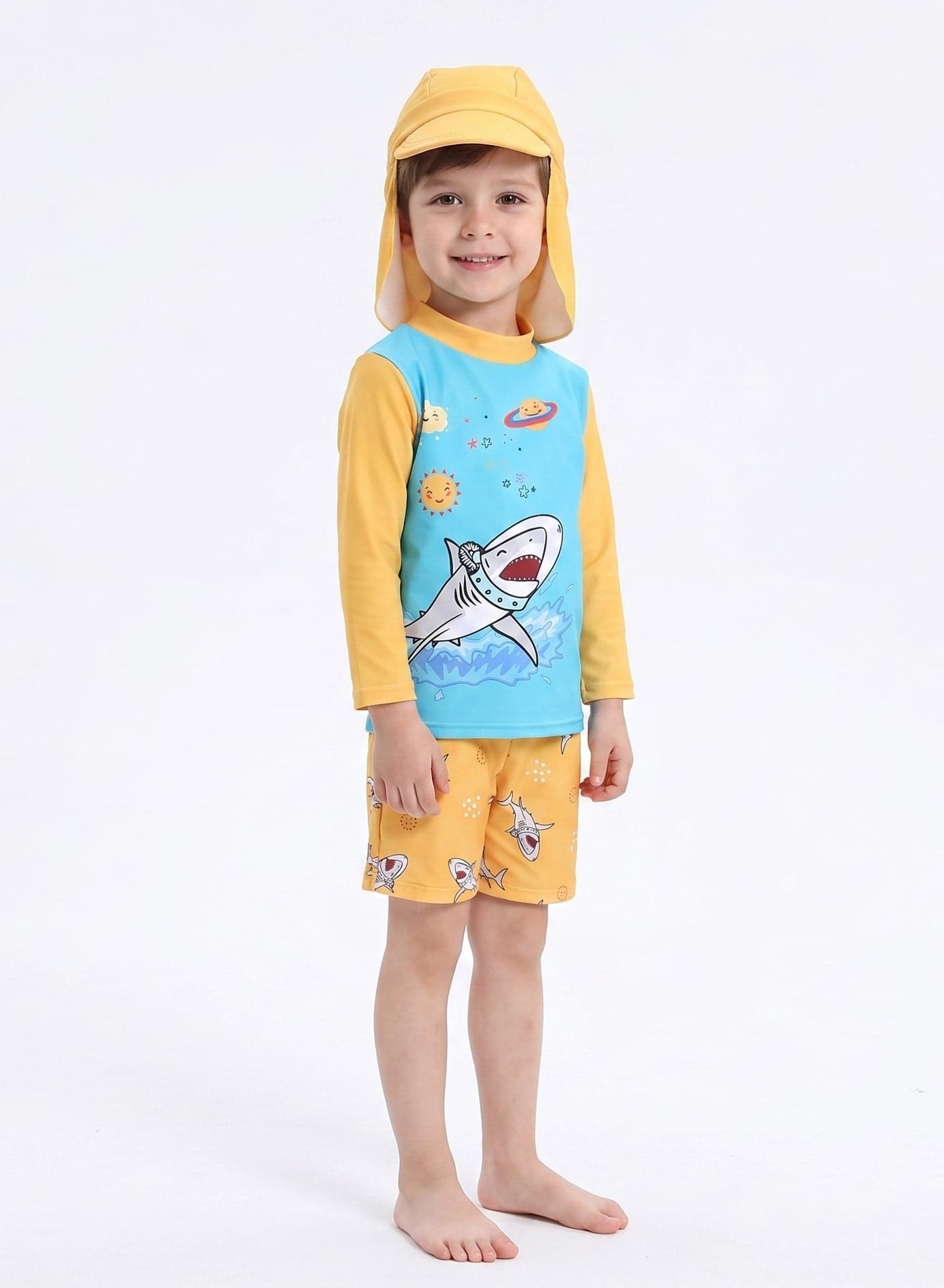 Shark Print 3 Pc Boys Swimsuit Set with Cap