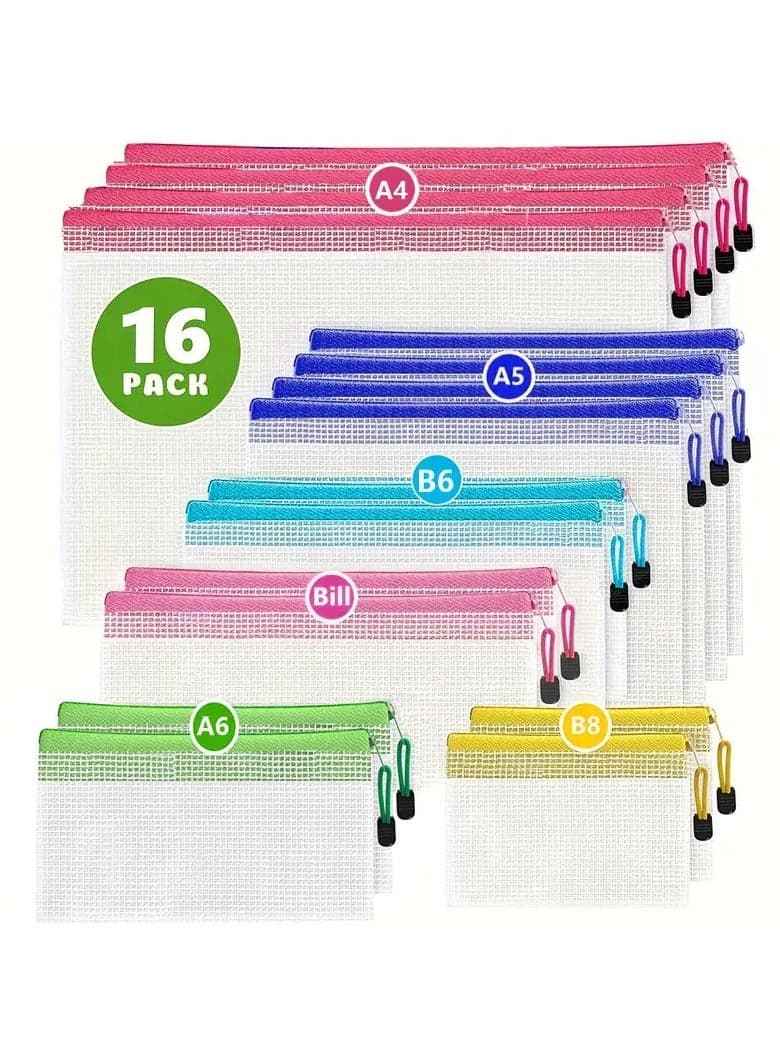 16pcs Mesh Zipper Pouch Document Bags, 6 Sizes File Bags, Clear Multipurpose PVC Bags, Waterproof Zipper Pouches, Colored Travel Zipper Bags For School, Office, Home Storage