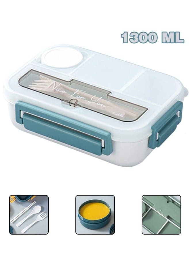 Kids Bento Lunch Box, Lunch Containers for School with 4 Compartments, Utensils and Sauce Container, 1300ml