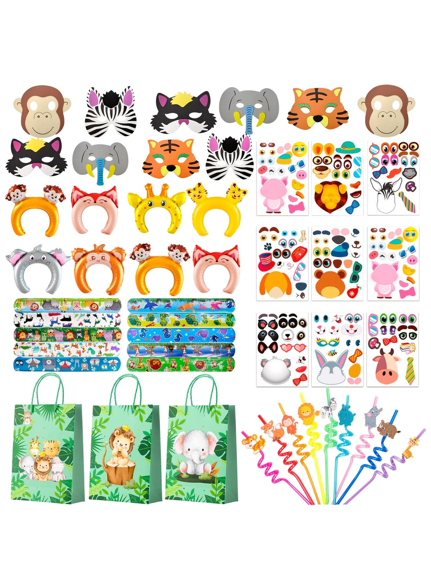 Jungle Safari Party Favors for 10 Guests, 60pcs Jungle Safari Birthday Party Favors Set Includes Safari Party Slap Bracelets Stickers Straws Balloon, Animal Mask, Safari Goodie Bags etc Jungle Party Favors