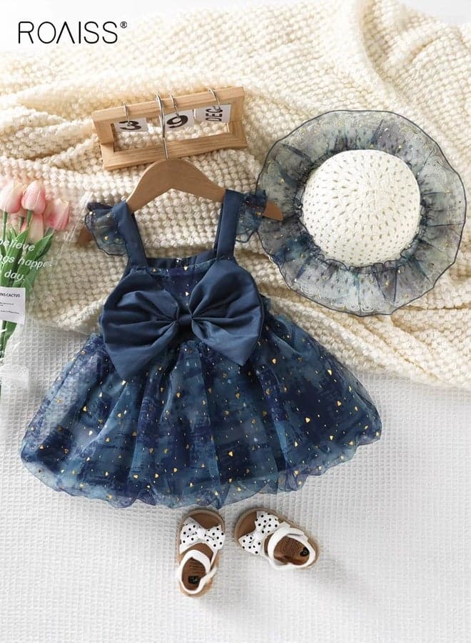 Girls 2PCS Summer Dress Set, Ruffle Sleeve Square Neck Dress and Sunhat Set, Stylish A-line Tulle Dress with Big Bowknot, Elegant Chic Frock for Girls, Suitable for Daily Wear, Vacations or Any Occasion