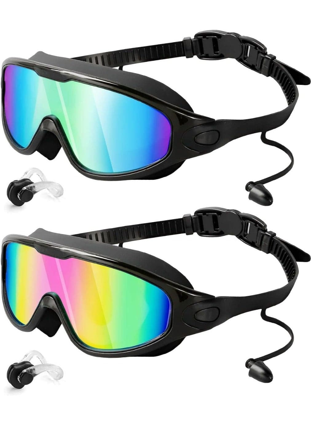 2-Pack Anti-fog Swimming Goggles with Nose Plugs, Wide View UV Protection Swim Glasses for Men Women Youth