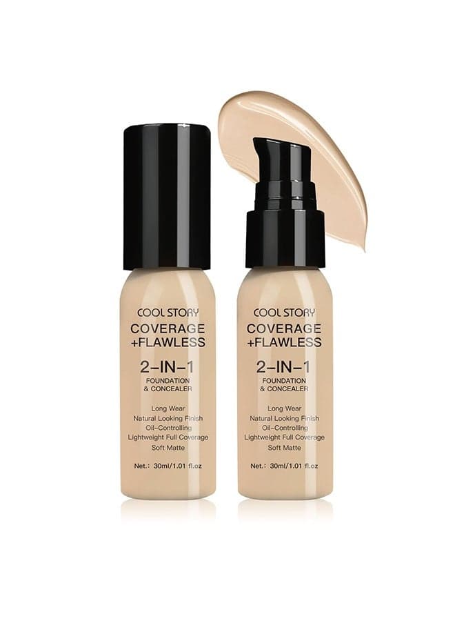 2-in-1 Foundation & Concealer, Long Wear Natural Matte Finish Lightweight Coverage (Light)