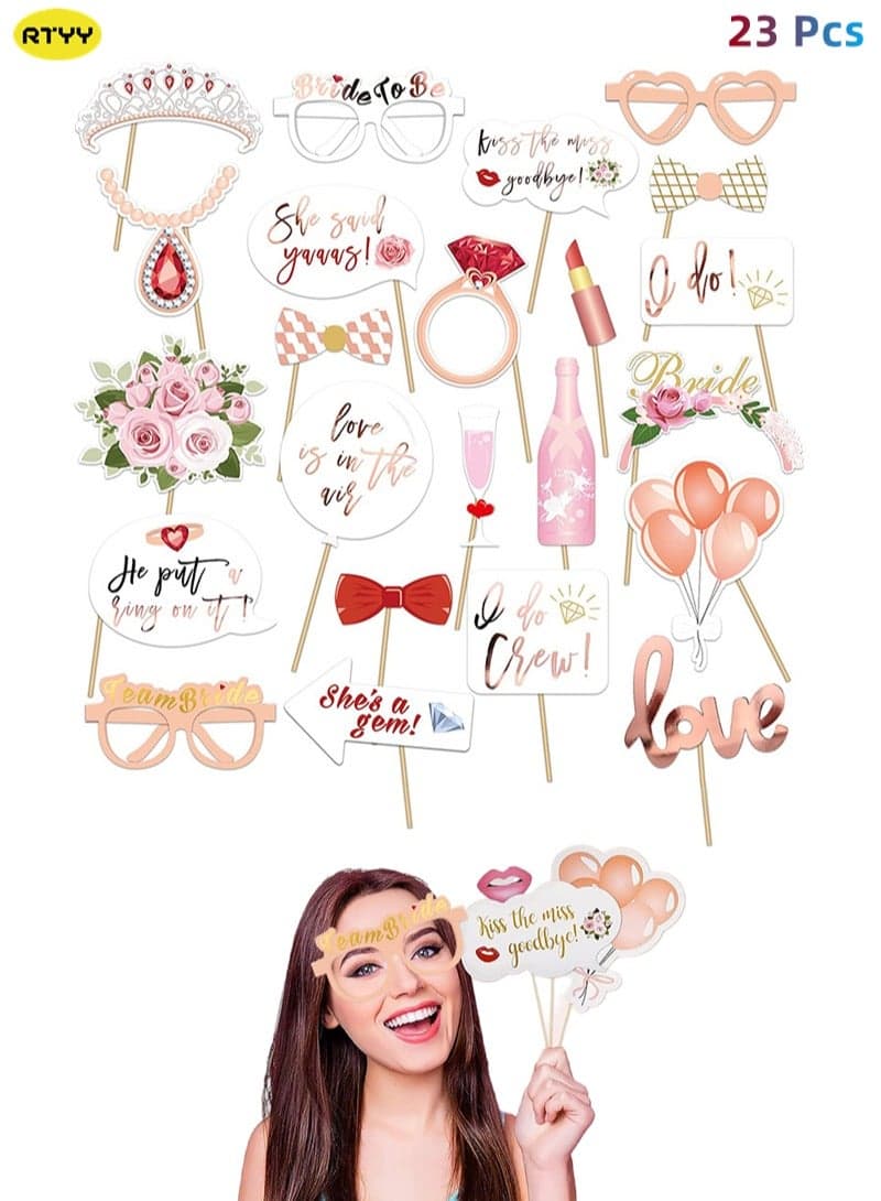 Wedding Bridal Shower Photo Booth Props, 23 Pieces Rose Gold Bachelorette Party Decorations Photo Booth for Bridal Shower Bride to Be Girls Night Out Hen Party Gift Accessories Wedding Favor Supplies