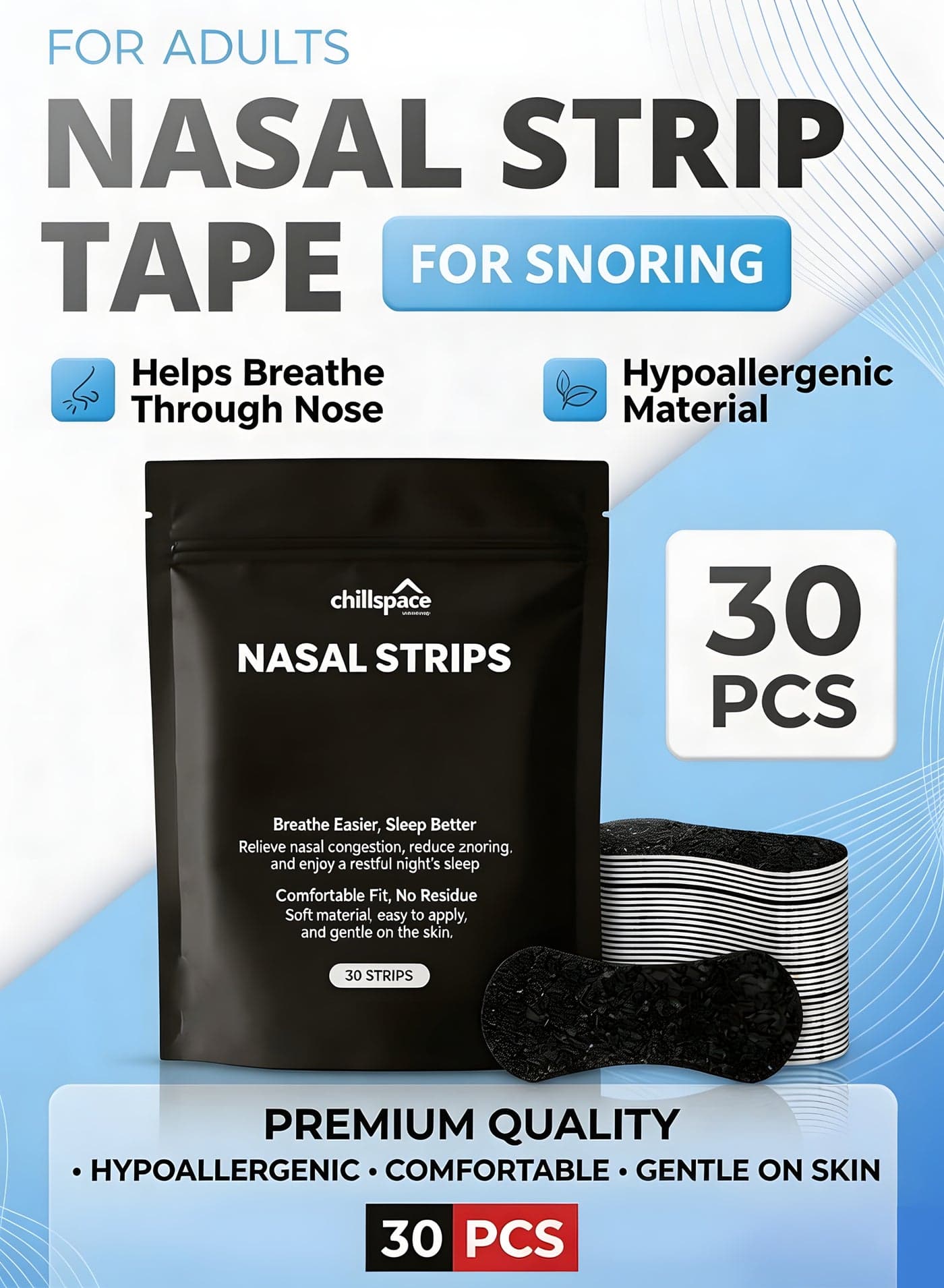 30 Pcs Nasal Strips, Anti Snoring & Snore Stopper, Nose Breathing Aid with 50% More Airflow & Oil Proof Adhesive, Drug Free Nasal Opener for Congestion, Allergy, Sleep & Night Breathing, Sports & Workout, Travel, Wide Body Extra Strength for Men & Women, Black