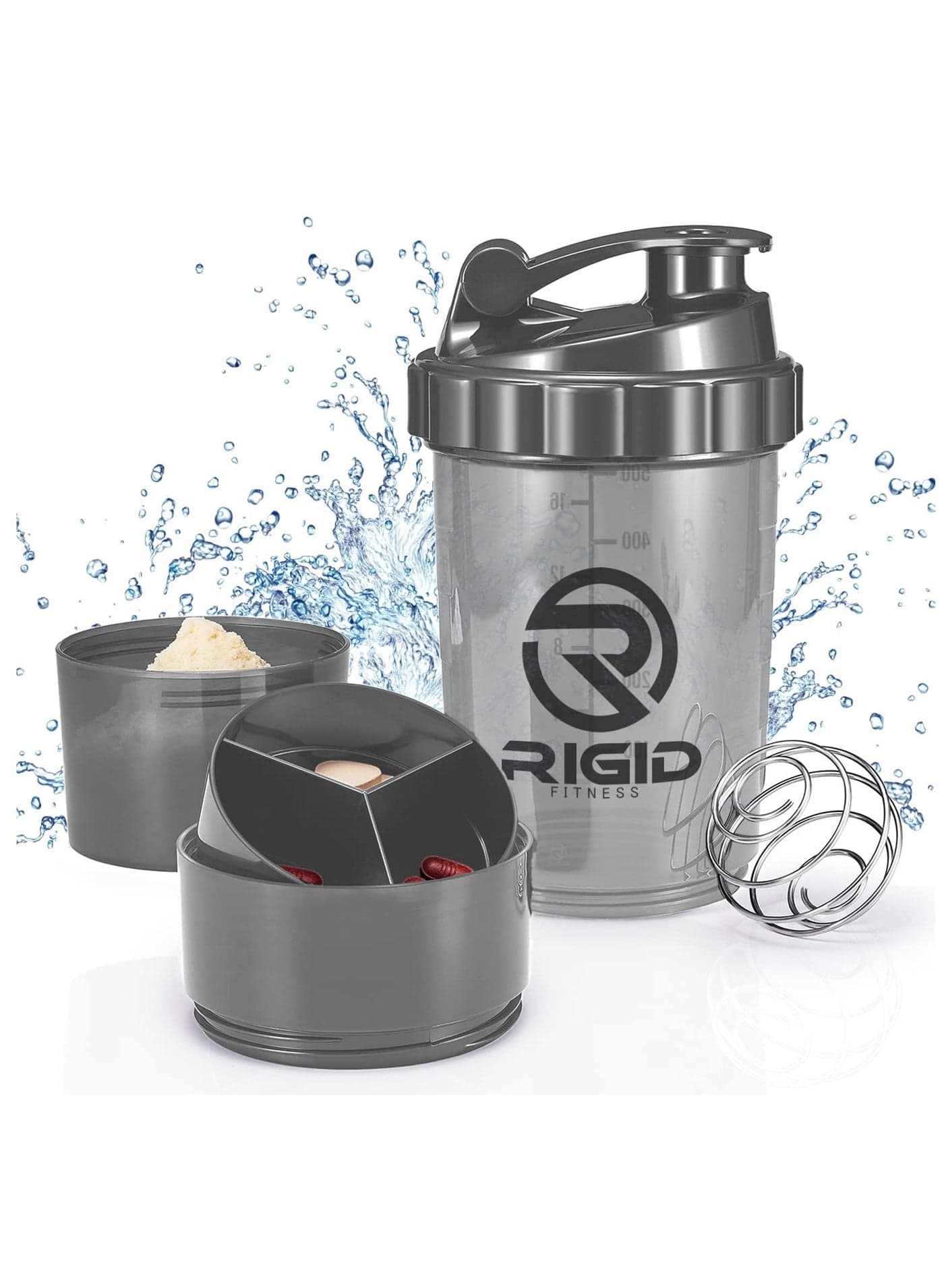 Protein Shaker Bottle - Leak-Proof Mixer Bottle with Powder and Pill Storage Compartments - Healthy Gym Shaker BPA Free Shaker Suitable for Gym & Outdoor (Light Grey - Transparent) 500ml