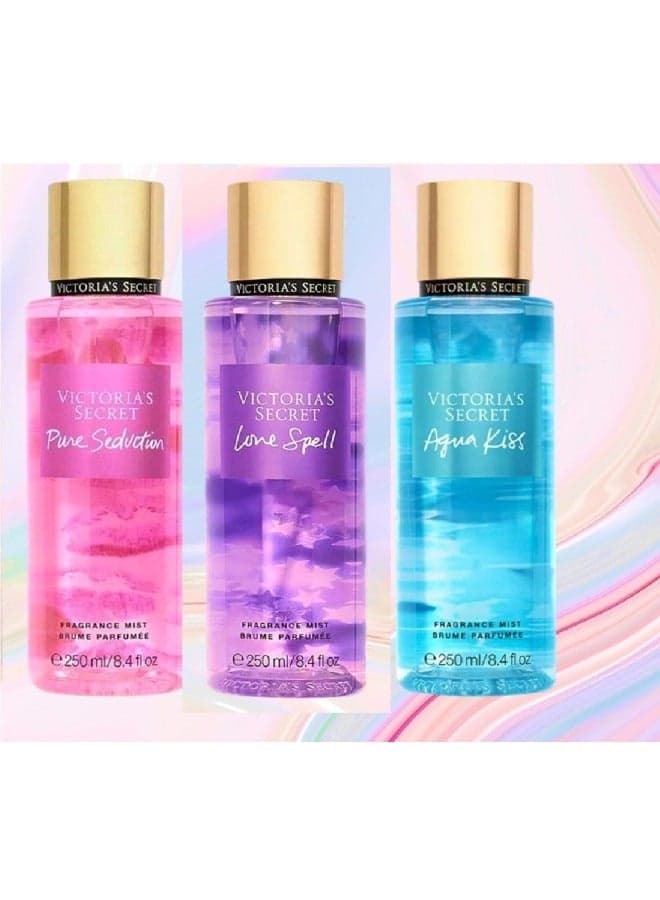 Pack of 3 Body Mist Pure Seduction, Love Spell and Aqua 250ml Each