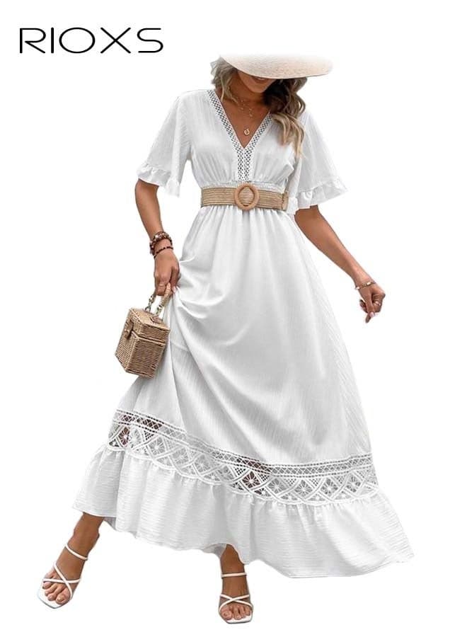 Women's V-Neck Lace Maxi Dress, Summer Boho Elastic Smocked Waist Dresse with Ruffled Sleeve, White High Waist Loose Long Dress for Ladies, Elegant Retro Flowy Dress for Party/ Beach/ Vacation/ Daily Wear