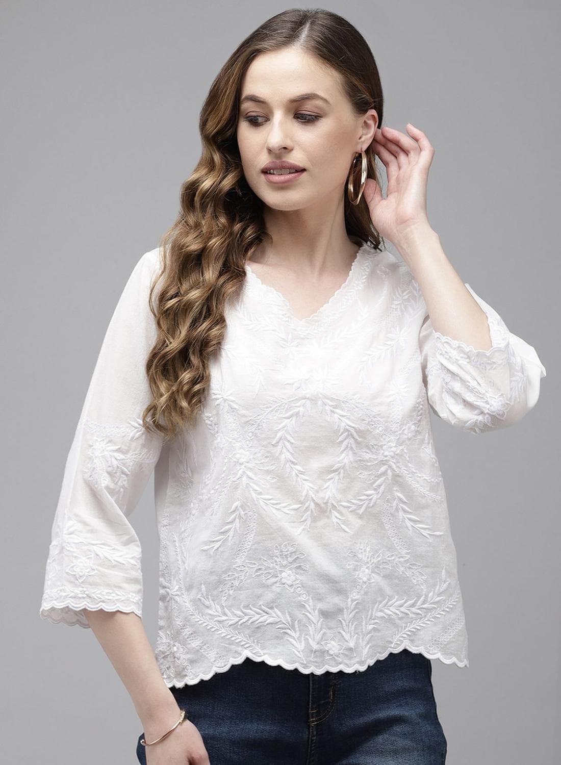 Women'S White 100% Cotton Self Design Tunic A-Line Tops