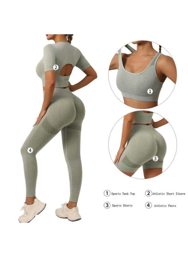 4 Piece Workout Sets for Women Butt Lifting Leggings with High Impact Sports Bra Gym Shorts Sports Short Sleeve