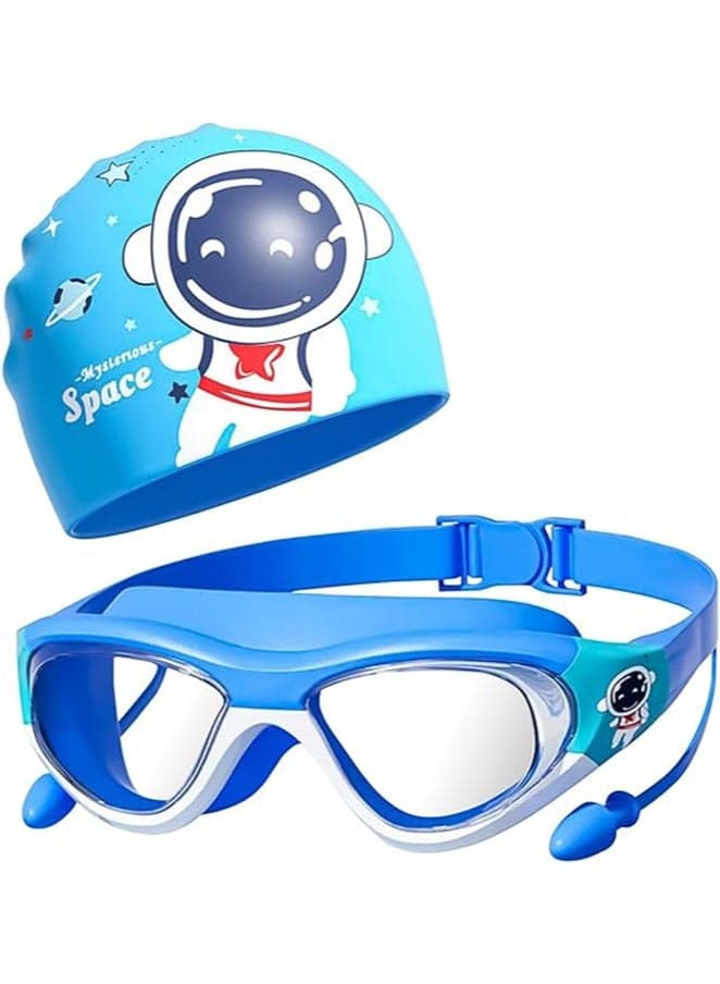 Kids Swimming Goggles with Silicone Swim Cap Wide Vision Anti UV Protection No Leaking Anti Fog Waterproof with Soft Silicone for 4-12 Boys and Girls
