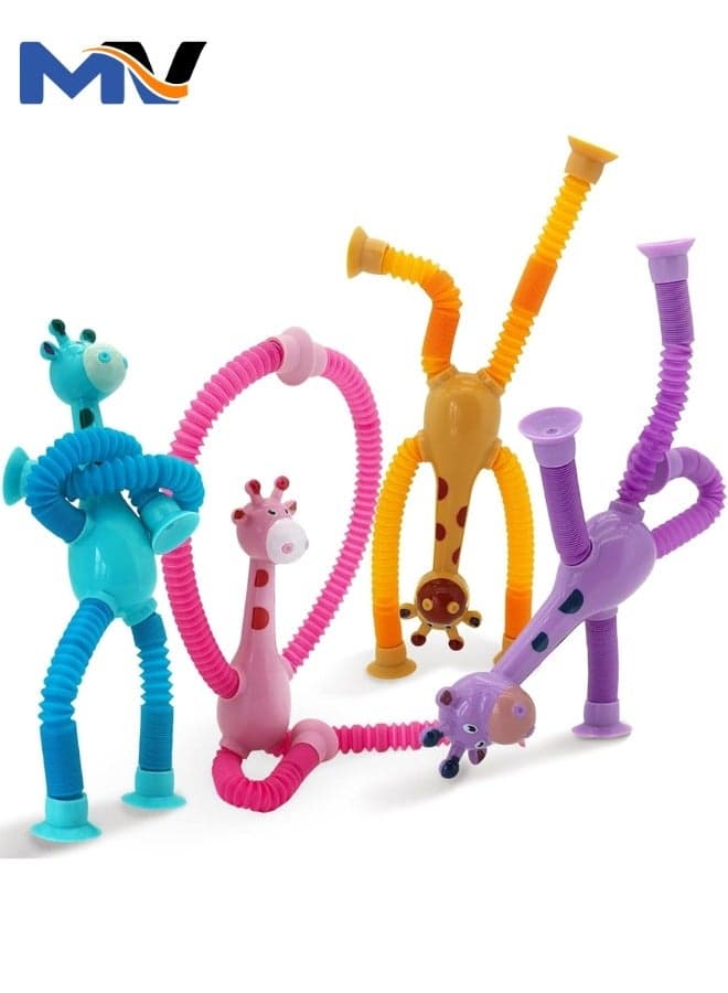 4 Pieces LED Telescopic Suction Cup Giraffe Toy, Shape Changing Telescopic Tube Fidget Toys, Pop Tubes, Fidget Tubes Sensory Toys for Girls Boys (Giraffe)