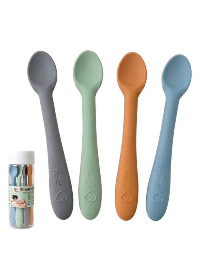 Baby Silicone Spoon Set 4 Pack, BPA Free Soft Feeding Spoons for Baby Led Weaning, Easy Grip Baby Cutlery, Gentle Toddler Spoon for Self Feeding, Food Grade Silicone Baby Spoon, 6M+