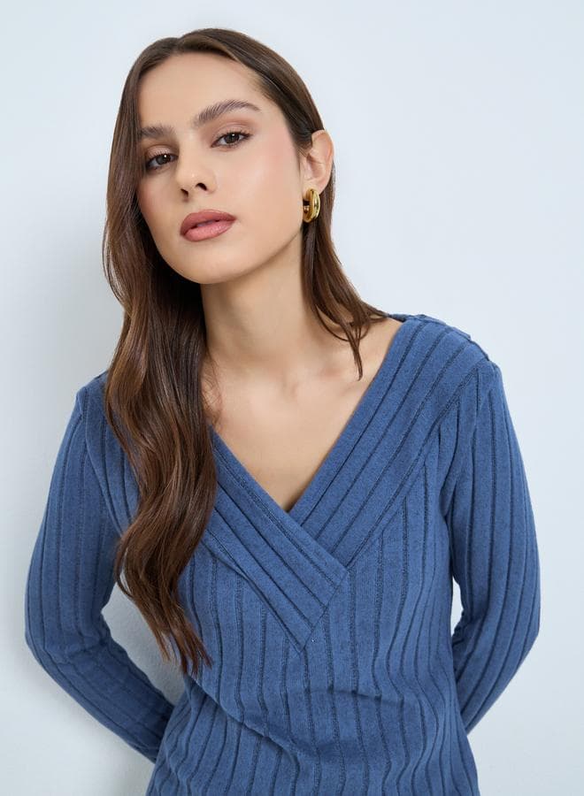 Women Blue V-Neck Long Sleeve Ribbed Top