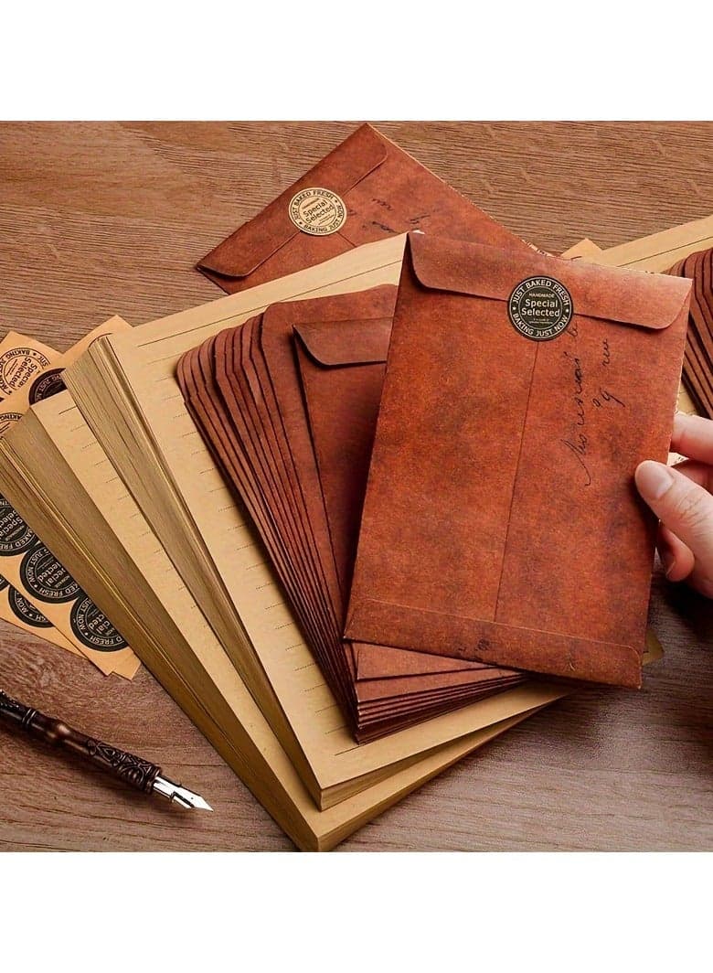 10pcs Elegant Vintage Kraft Paper Envelopes, 17.7 x 10.7 cm - Self-Sealing, Durable Stationery with Classic Design for Wedding & Party Invitations, Includes Matching Letter Pads, Gift Card Envelopes