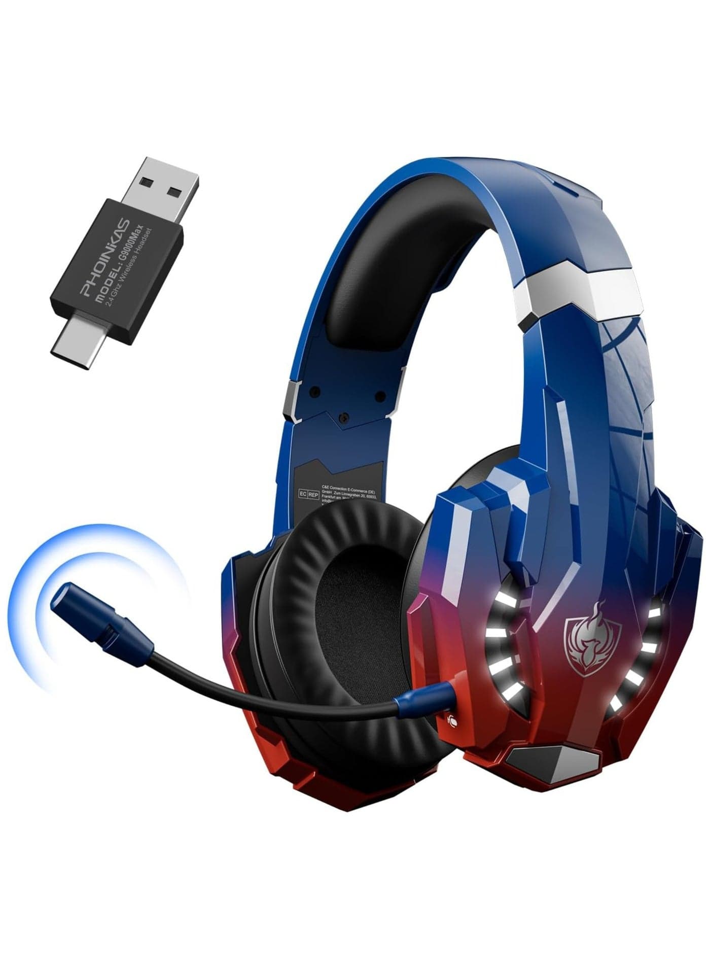 PHOINIKAS G9000 Max Wireless Gaming Headset 2.4GHz – 7.1 Surround Sound, Noise Cancelling Mic, 40+Hr Battery, Over-Ear Headphones for PS5/PS4/PC/Switch – Dazzle Blue