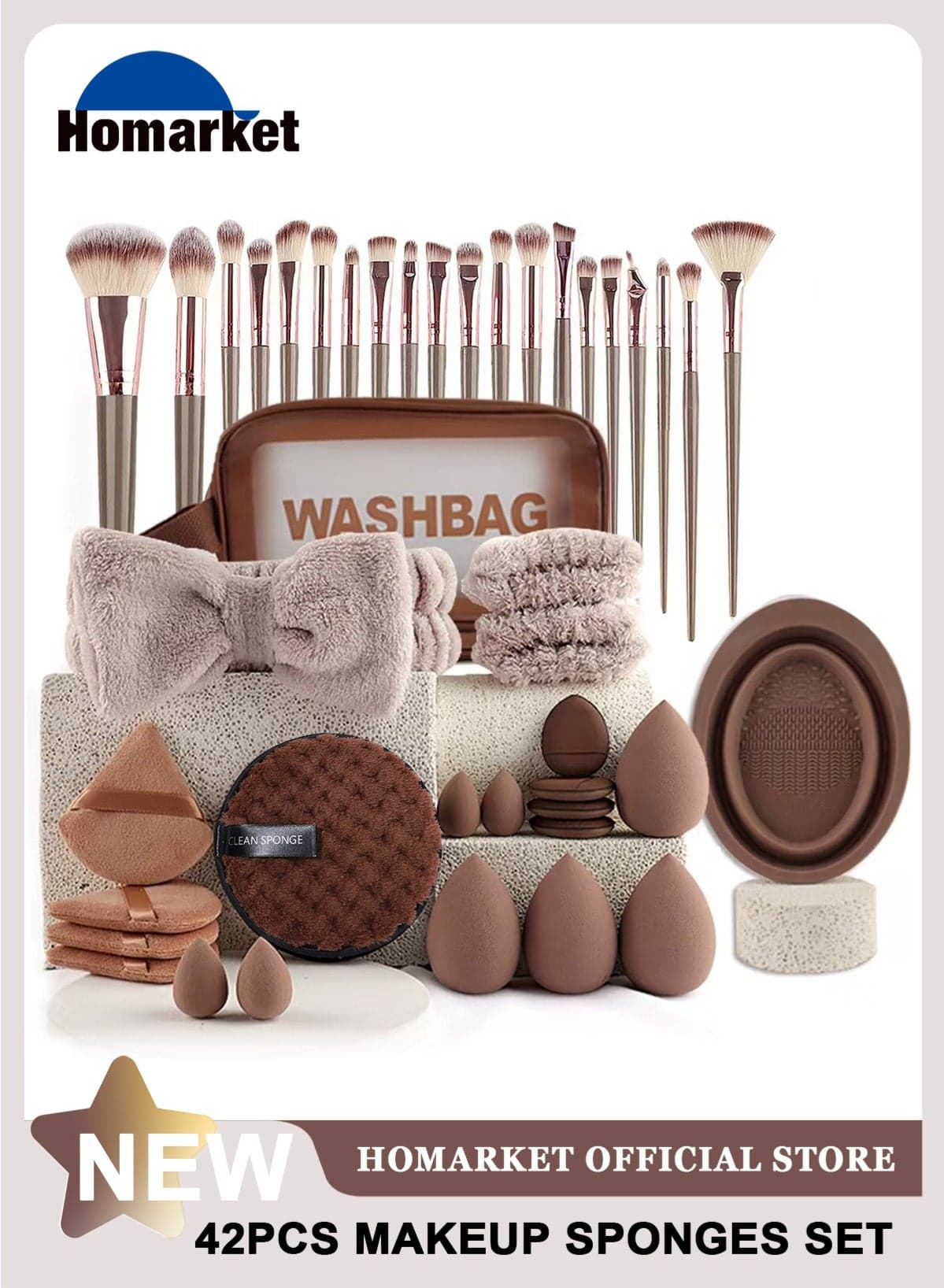 Makeup Brush Set, 42Pcs Makeup Tool Set Premium Synthetic Foundation Powder Concealers Eye Shadows Blush Makeup Brushes Kit with Makeup Sponge, Powder Puffs for Beginner & Professional,Brown