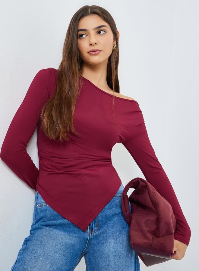 Burgundy Asymmetric Shoulder Long Sleeve Top